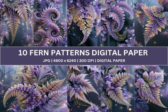 10 Ornate Lavender Fern Digital Paper