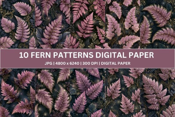 10 Ornate Mauve Fern Digital Papers for Luxury Designs