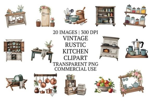 Vintage Rustic Kitchen Clipart 20 PNG Bundle